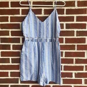 Nasty Gal blue & white cage front cut-out romper